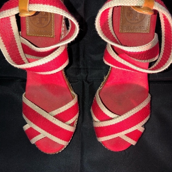 Tory Burch Adonis Red & Tan Wedge Platform Espadrilles Open Toe Size 7 - Picture 3 of 6